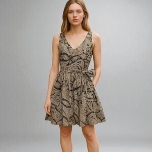J. Crew Paisley Cotton Side Tie Dress Tan Navy Sleeveless 68682 Size 0